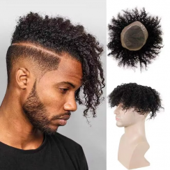 5 Pcs Afro Curly Mono Lace with PU Hairpiece for Men