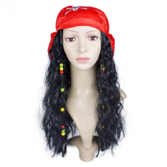 2Pcs Black Curly Pirate Captain Cosplay Costume Long Hair Wig with Eye Patch Skull Turban