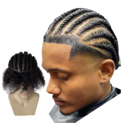 5 Pcs Virgin Human Hair Black Cornrow Braids Full PU Base Wig For Men